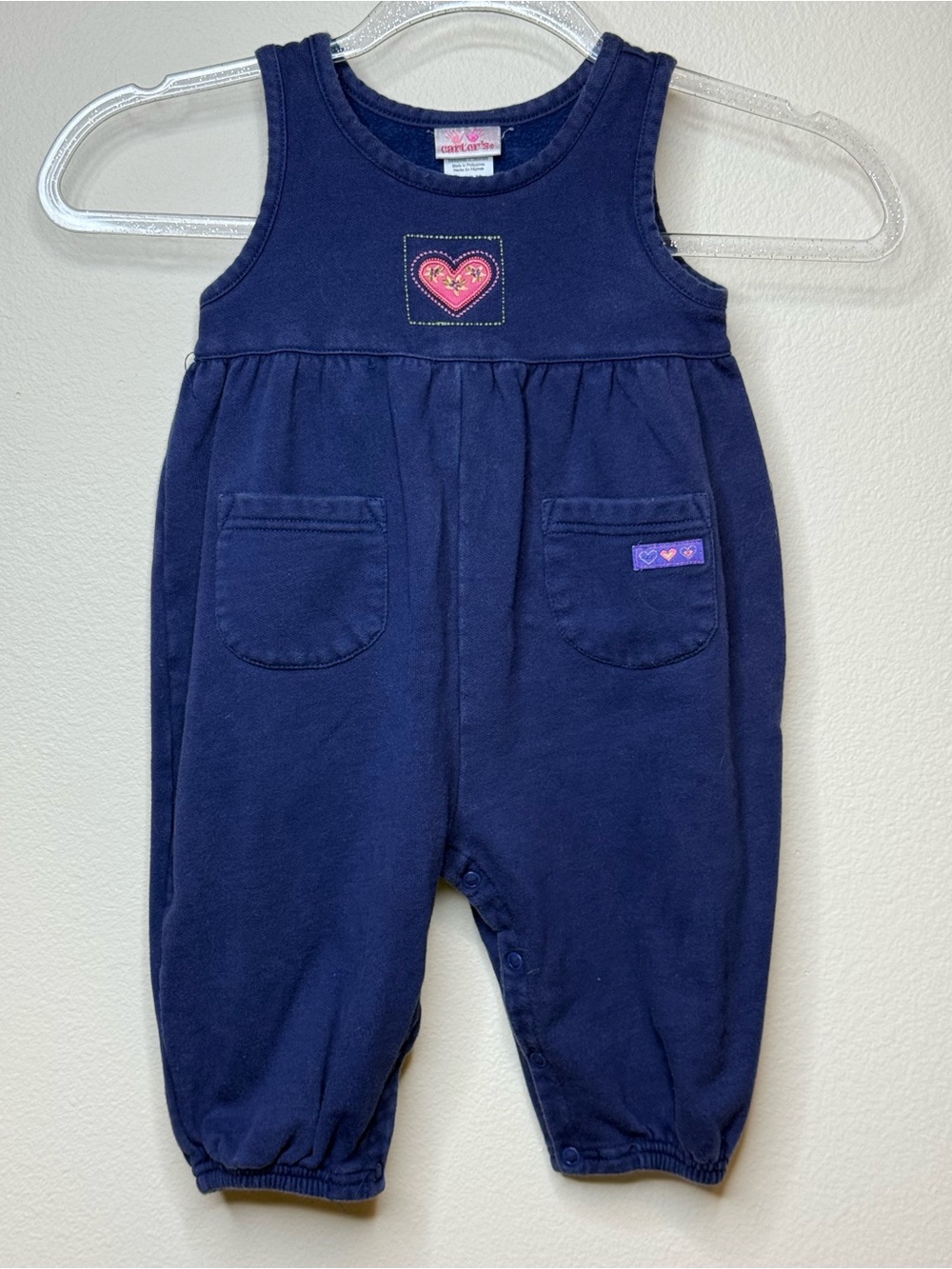 Vintage 90’s Carter's Navy Sleeveless Romper with Pink Heart Patch 12-18 month